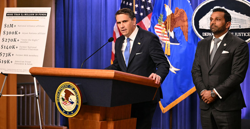 Todd Blanche and Kash Patel announced charges against the Southern Poverty Law Center, claiming the SPLC was funding the Ku Klux Klan and others.