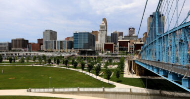 A view of the Cincinnati skyline and John A. Roebling bridge.