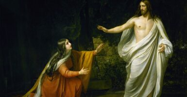 A painting of the risen Christ holding his hand up to Mary Magdalen