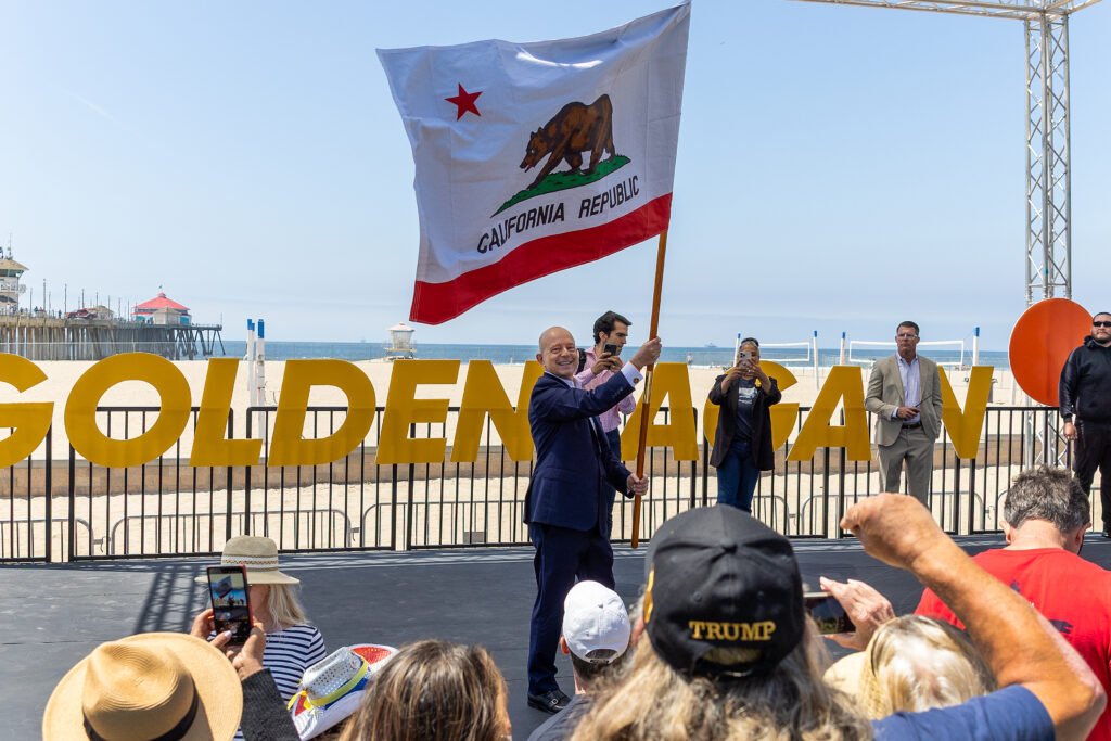 Silicon Valley entrepreneur Steve Hilton waves the California flag