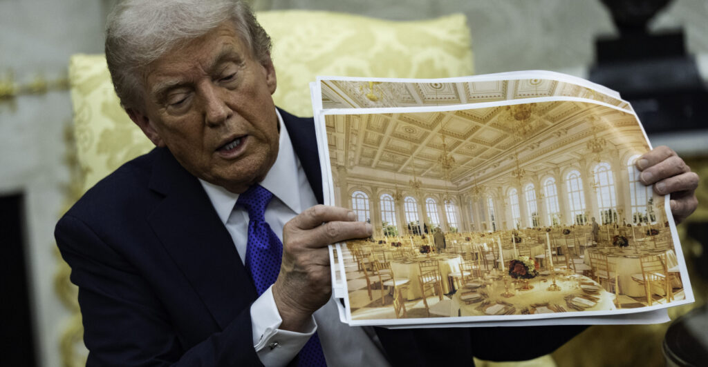 President Donald Trump shows off renderings of the new White House ballroom.