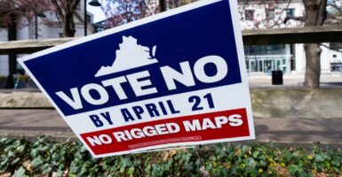 A sign urges early voters to vote no on the Virginia redistricting referendum.