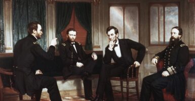 A panting of Abraham Lincoln and three other men, all seated.