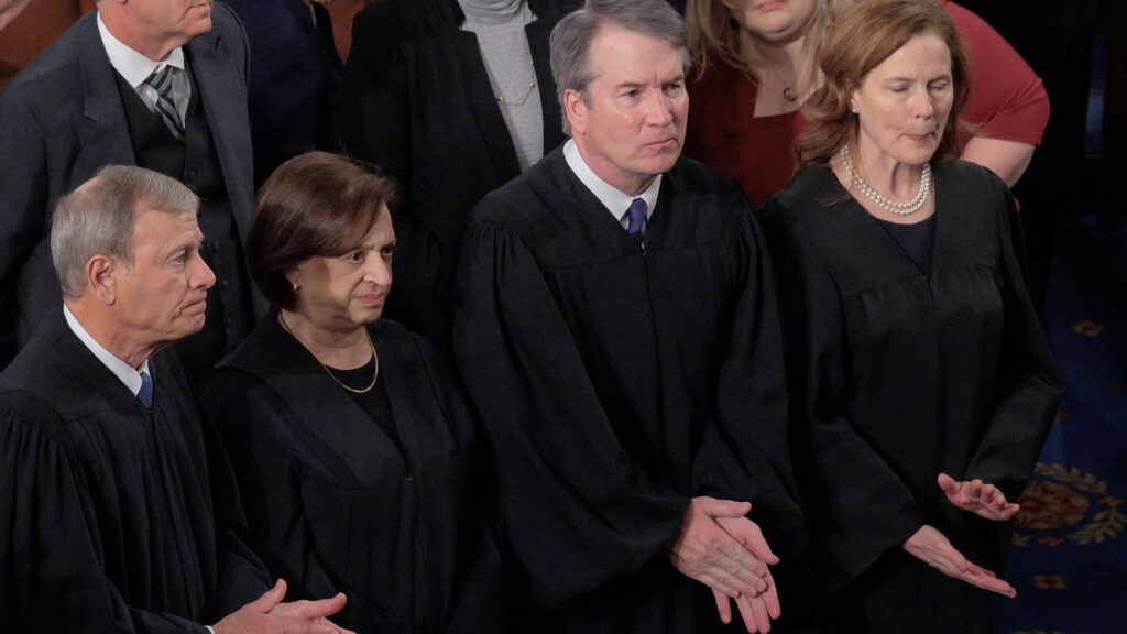 WASHINGTON, DC - FEBRUARY 24: U.S. Supreme Court Chief Justice John Roberts and Associate Justices Elena Kagan, Brett Kavanaugh and Amy Coney Barrett applaud at the conclusion of President Donald Trump's State of the Union address during a joint session of Congress at the Capitol on February 24, 2026, in Washington, DC. Trump delivered his address days after the Supreme Court struck down the administration's tariff strategy and amid a U.S. military buildup in the Persian Gulf threatening Iran. (Photo by Chip Somodevilla/Getty Images)