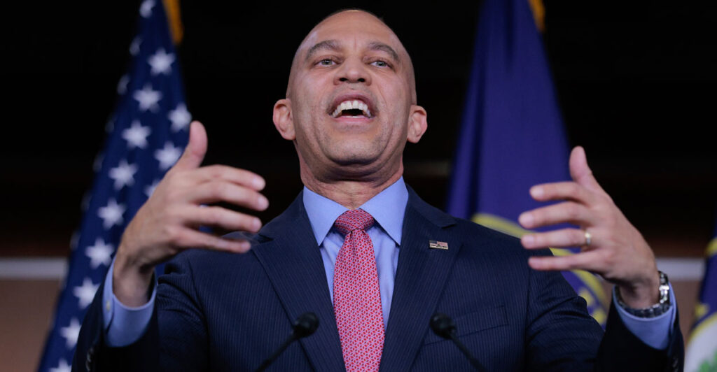 House Minority Leader Hakeem Jeffries speaks to reporters at the Capitol.