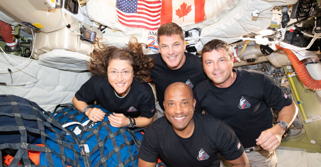 The Artemis II crew – (clockwise from left) Mission Specialist Christina Koch, Mission Specialist Jeremy Hansen, Commander Reid Wiseman, and Pilot Victor Glover April 7, 2026.