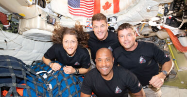 The Artemis II crew – (clockwise from left) Mission Specialist Christina Koch, Mission Specialist Jeremy Hansen, Commander Reid Wiseman, and Pilot Victor Glover April 7, 2026.