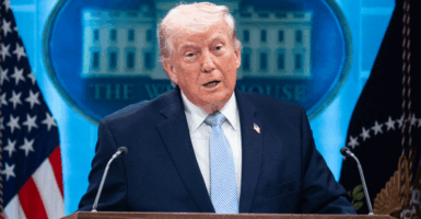 UNITED STATES - APRIL 6: President Donald Trump conducts a news conference in the White House briefing room about the war in Iran on Monday, April 6, 2026. (Tom Williams/CQ-Roll Call, Inc via Getty Images)