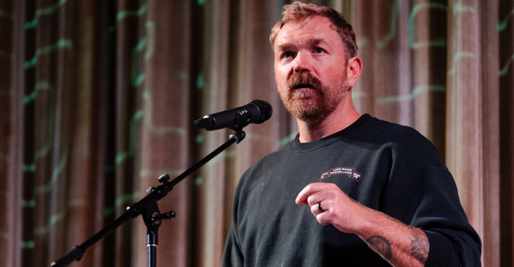 Maine Democrat Senate Candidate Graham Platner speaks to supporters.