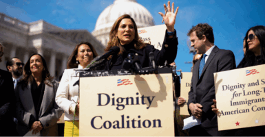 WASHINGTON, DC - MARCH 25: Rep. Maria Elvira Salazar (R-FL) (C), accompanied by Rep. Veronica Escobar (D-TX) (C-L), speaks at a Dignity Coalition news conference on Capitol Hill on March 25, 2026 in Washington, DC. The Dignity Coalition is a bipartisan group that has formed to support the "Dignity for Immigrants while Guarding our Nation to Ignite and Deliver the American Dream Act of 2025" (the DIGNIDAD Act or Dignity Act, H.R. 4393), which they argue is a solution to fix the immigration system in the United States. (Photo by Andrew Harnik/Getty Images)