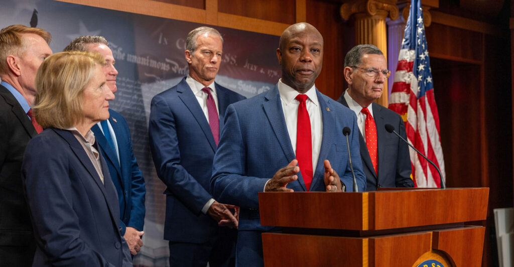 Sen. Tim Scott (R-SC) speaks at a press conference in March on the SAVE America Act.