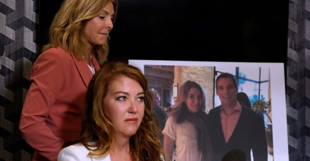 Attorney Lisa Bloom (L) stands with her client Lonna Drewes (R) during a press conference in which Drewes accused U.S. Rep. Eric Swalwell (D-CA) of sexual assault.