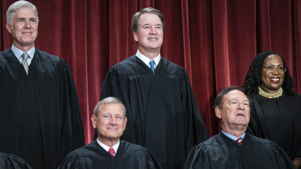 Washington, DC - October 7 : Members of the Supreme Court sit for a group photo following the recent addition of Associate Justice Ketanji Brown Jackson, at the Supreme Court building on Capitol Hill on Friday, Oct 07, 2022 in Washington, DC. Bottom row, from left, Chief Justice of the United States John Roberts, Associate Justice Samuel Alito. Top row, from left, Associate Justice Neil Gorsuch, Associate Justice Brett Kavanaugh, and Associate Justice Ketanji Brown Jackson. (Photo by Jabin Botsford/The Washington Post via Getty Images)
