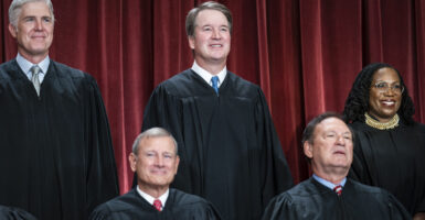 Washington, DC - October 7 : Members of the Supreme Court sit for a group photo following the recent addition of Associate Justice Ketanji Brown Jackson, at the Supreme Court building on Capitol Hill on Friday, Oct 07, 2022 in Washington, DC. Bottom row, from left, Chief Justice of the United States John Roberts, Associate Justice Samuel Alito. Top row, from left, Associate Justice Neil Gorsuch, Associate Justice Brett Kavanaugh, and Associate Justice Ketanji Brown Jackson. (Photo by Jabin Botsford/The Washington Post via Getty Images)