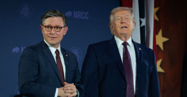 President Donald Trump and Speaker of the House of Representatives Mike Johnson attend the National Republican Congressional Committee's annual fundraising dinner March 25, 2026.