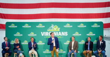 Speaker of the House Mike Johnson, R-La., speaks at the Virginians for Fair Maps rally in Bridgewater, Va., on Saturday, April 11, 2026. Also on stage from left are Rep. John McGuire, R-Va., Rep. Jen Kiggans, R-Va., Rep. Rob Wittman, R-Va., Rep. Ben Cline, R-Va., former Virginia Attorney General Jason Miyares, and former Virginia Governor Glenn Youngkin.