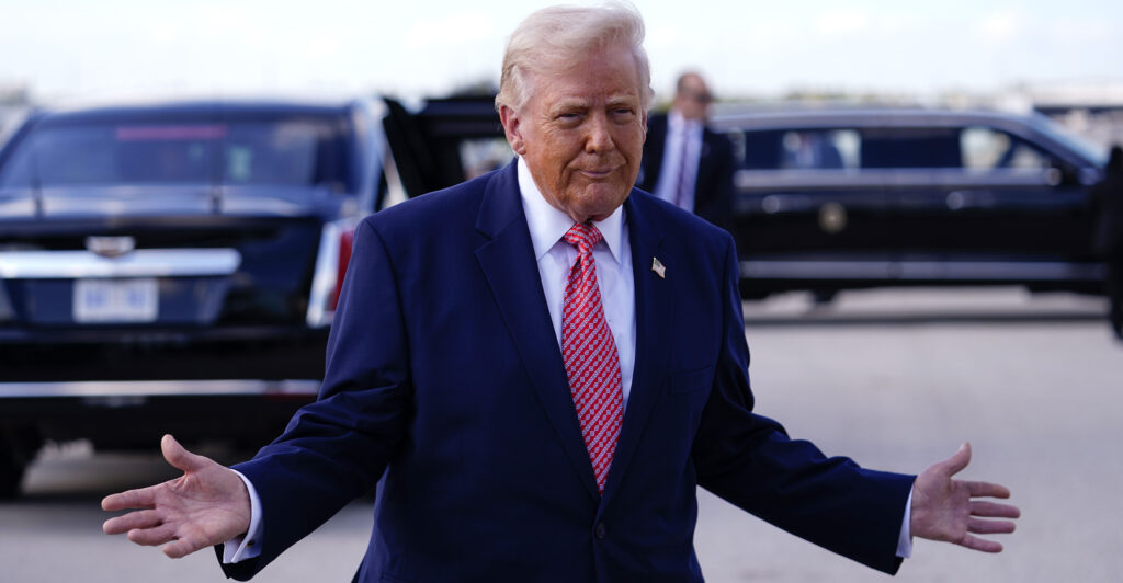 MIAMI, FLORIDA - MARCH 27: U.S. President Donald Trump speaks to the media after departing Air Force One at Miami International Airport on March 27, 2026 in Miami, Florida. President Trump is traveling to speak at a summit in Miami Beach and then onto Palm Beach for the weekend. (Photo by Nathan Howard/Getty Images)