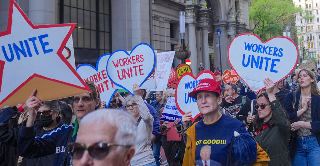 People take part in May Day rally and march in New York City to protest the Trump administration, New York, U.S., May 1, 2025.
